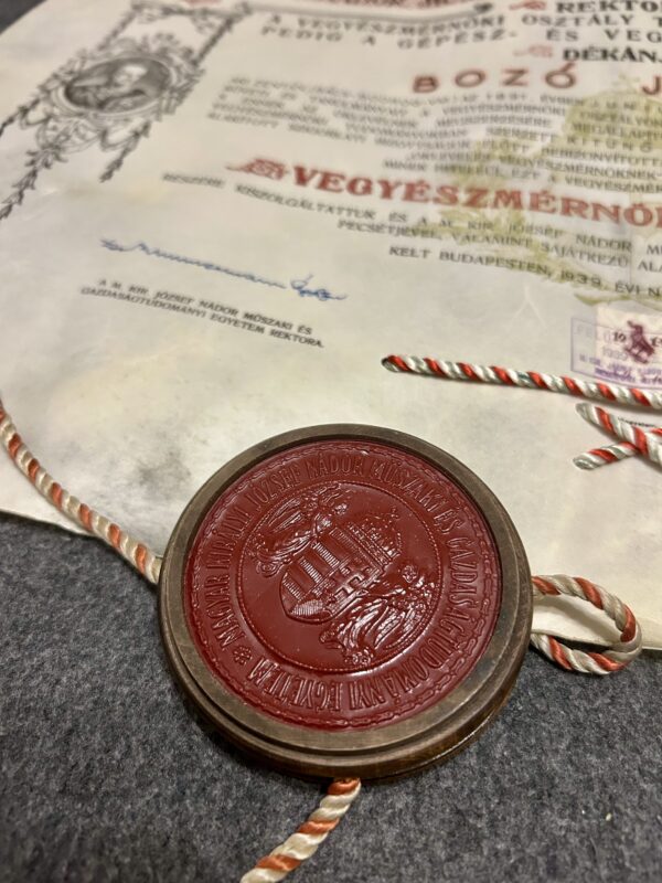 1939 Budapesti József Nádor Műegyetem diploma, Zimmermann Ágoston és Zemplén Géza aláírása