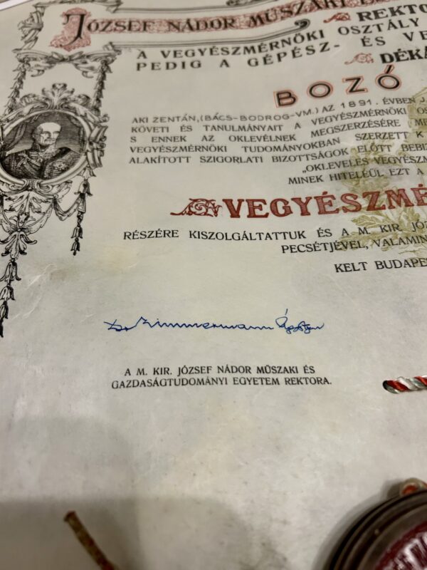 1939 Budapesti József Nádor Műegyetem diploma, Zimmermann Ágoston és Zemplén Géza aláírása - Image 3