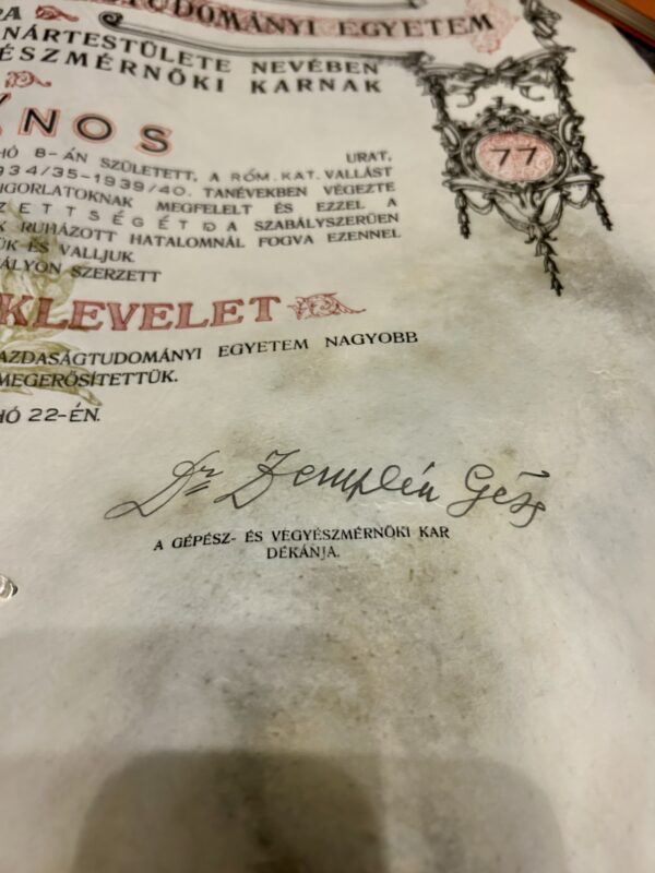 1939 Budapesti József Nádor Műegyetem diploma, Zimmermann Ágoston és Zemplén Géza aláírása - Image 4