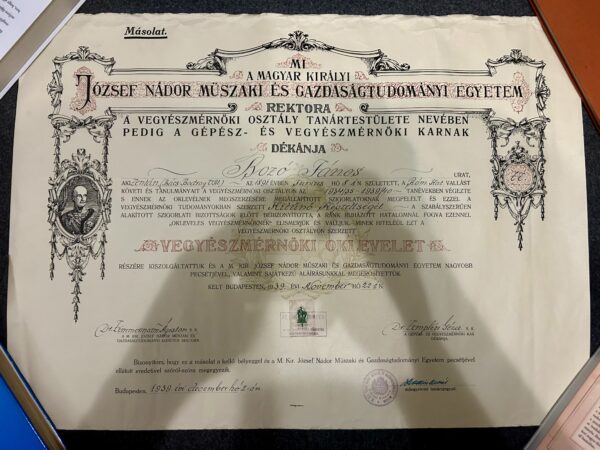1939 Budapesti József Nádor Műegyetem diploma, Zimmermann Ágoston és Zemplén Géza aláírása - Image 5